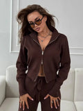 Two-piece knit set with double zip cardigan and wide leg pants - View 24 | WEUXS