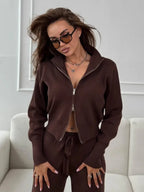Two-piece knit set with double zip cardigan and wide leg pants - View 24 | WEUXS