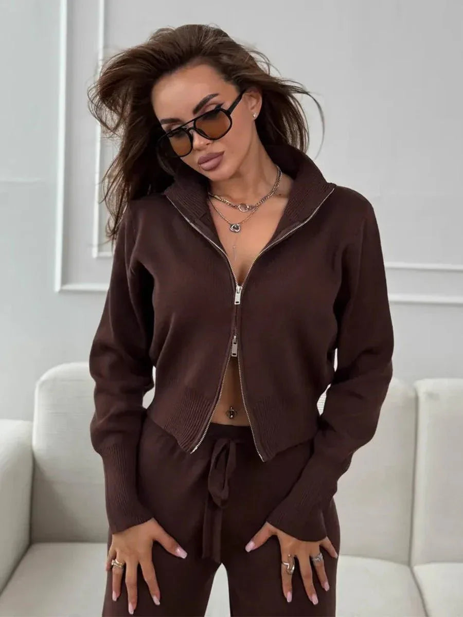 Two-piece knit set with double zip cardigan and wide leg pants - View 24 | WEUXS