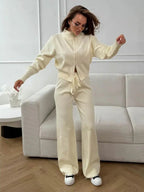 Two-piece knit set with double zip cardigan and wide leg pants - View 14 | WEUXS