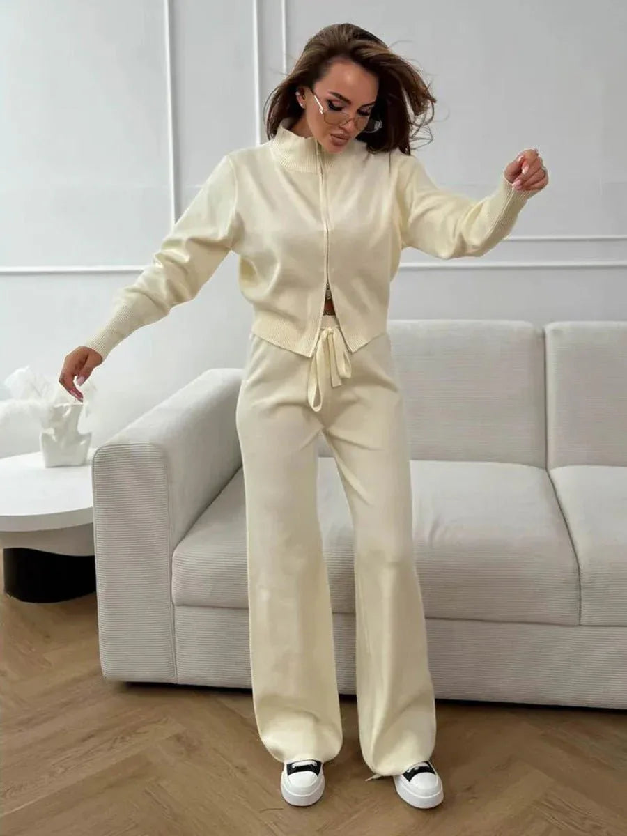 Two-piece knit set with double zip cardigan and wide leg pants - View 14 | WEUXS