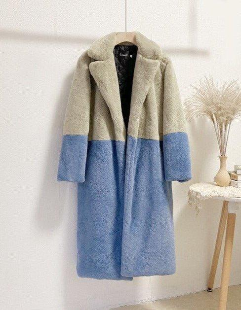 Ella Contrast Colorblock Faux Fur Coat - Elegant Lapel Mid-Length Winter Outerwear - WEUXS