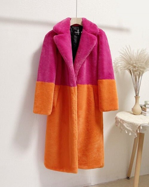 Ella Contrast Colorblock Faux Fur Coat - Elegant Lapel Mid - Length Winter Outerwear - WEUXS