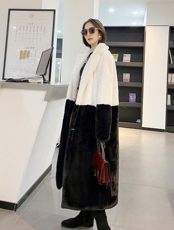 Ella Contrast Colorblock Faux Fur Coat - Elegant Lapel Mid - Length Winter Outerwear - WEUXS