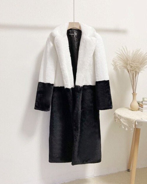Ella Contrast Colorblock Faux Fur Coat - Elegant Lapel Mid - Length Winter Outerwear - WEUXS