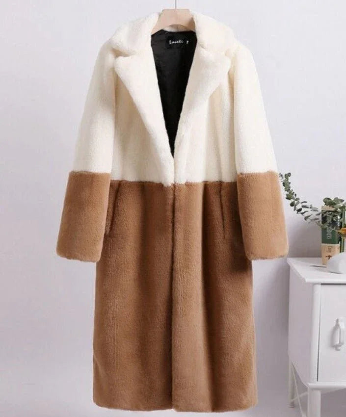Cream and camel colorblock faux fur coat