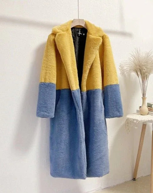 Ella Contrast Colorblock Faux Fur Coat - Elegant Lapel Mid-Length Winter Outerwear - WEUXS