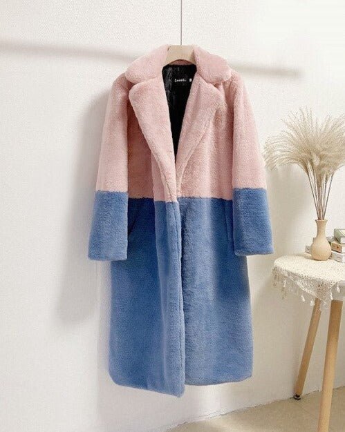 Ella Contrast Colorblock Faux Fur Coat - Elegant Lapel Mid - Length Winter Outerwear - WEUXS
