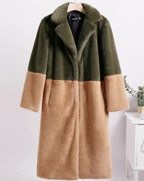 Ella Contrast Colorblock Faux Fur Coat - Elegant Lapel Mid - Length Winter Outerwear - WEUXS