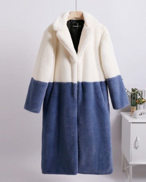 Ella Contrast Colorblock Faux Fur Coat - Elegant Lapel Mid - Length Winter Outerwear - WEUXS