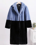 Ella Contrast Colorblock Faux Fur Coat - Elegant Lapel Mid - Length Winter Outerwear - WEUXS
