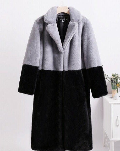 Ella Contrast Colorblock Faux Fur Coat - Elegant Lapel Mid - Length Winter Outerwear - WEUXS