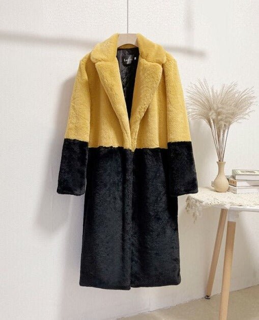 Ella Contrast Colorblock Faux Fur Coat - Elegant Lapel Mid - Length Winter Outerwear - WEUXS
