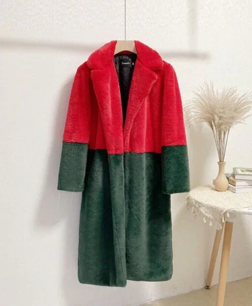 Ella Contrast Colorblock Faux Fur Coat - Elegant Lapel Mid-Length Winter Outerwear - WEUXS