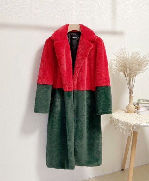 Ella Contrast Colorblock Faux Fur Coat - Elegant Lapel Mid - Length Winter Outerwear - WEUXS