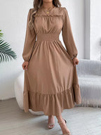 Emerald Green Ruffle Smocked Waist Maxi Dress with Round Neckline and Lantern Sleeves - View 15 | WEUXS