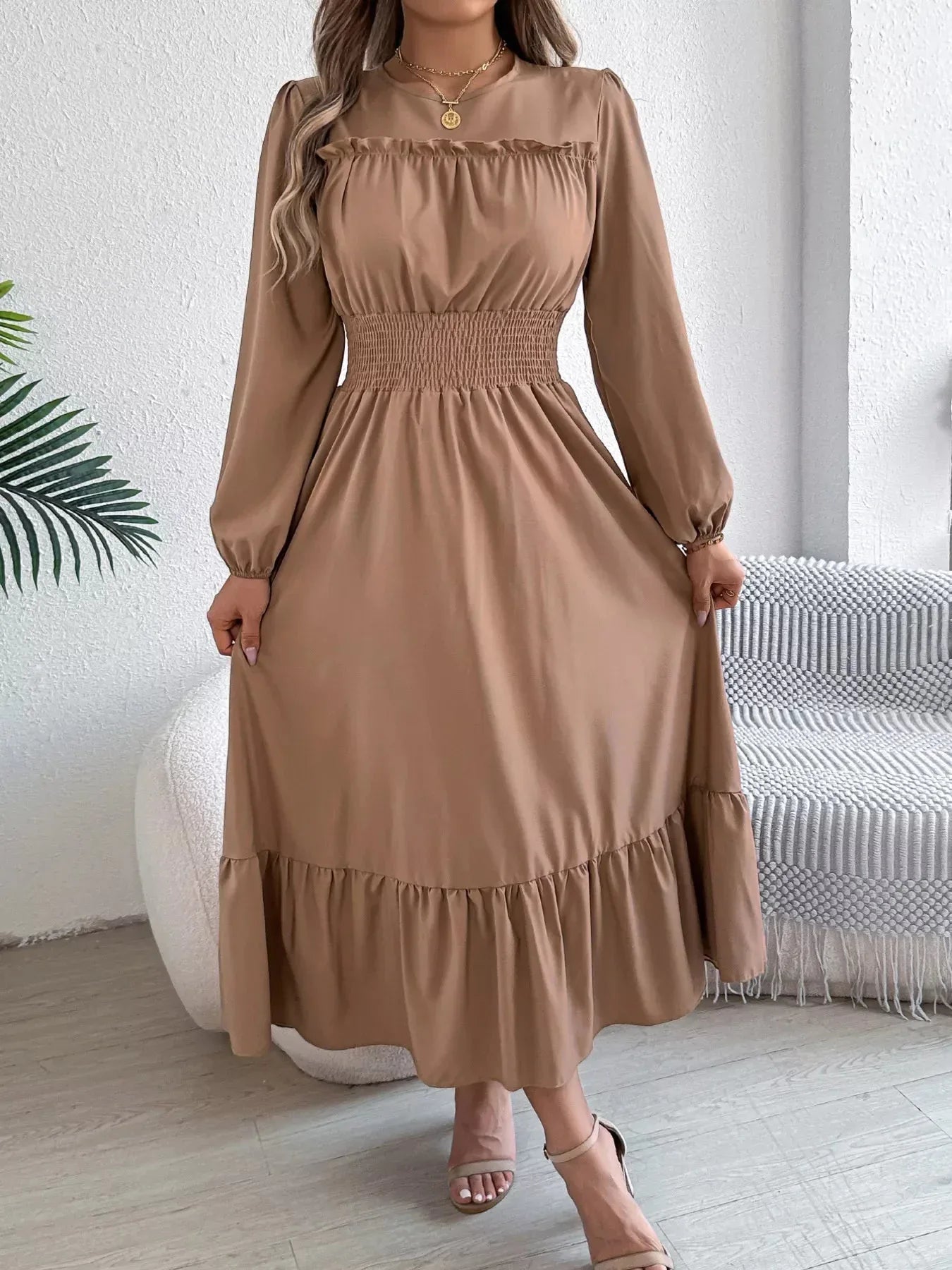 Emerald Green Ruffle Smocked Waist Maxi Dress with Round Neckline and Lantern Sleeves - View 15 | WEUXS