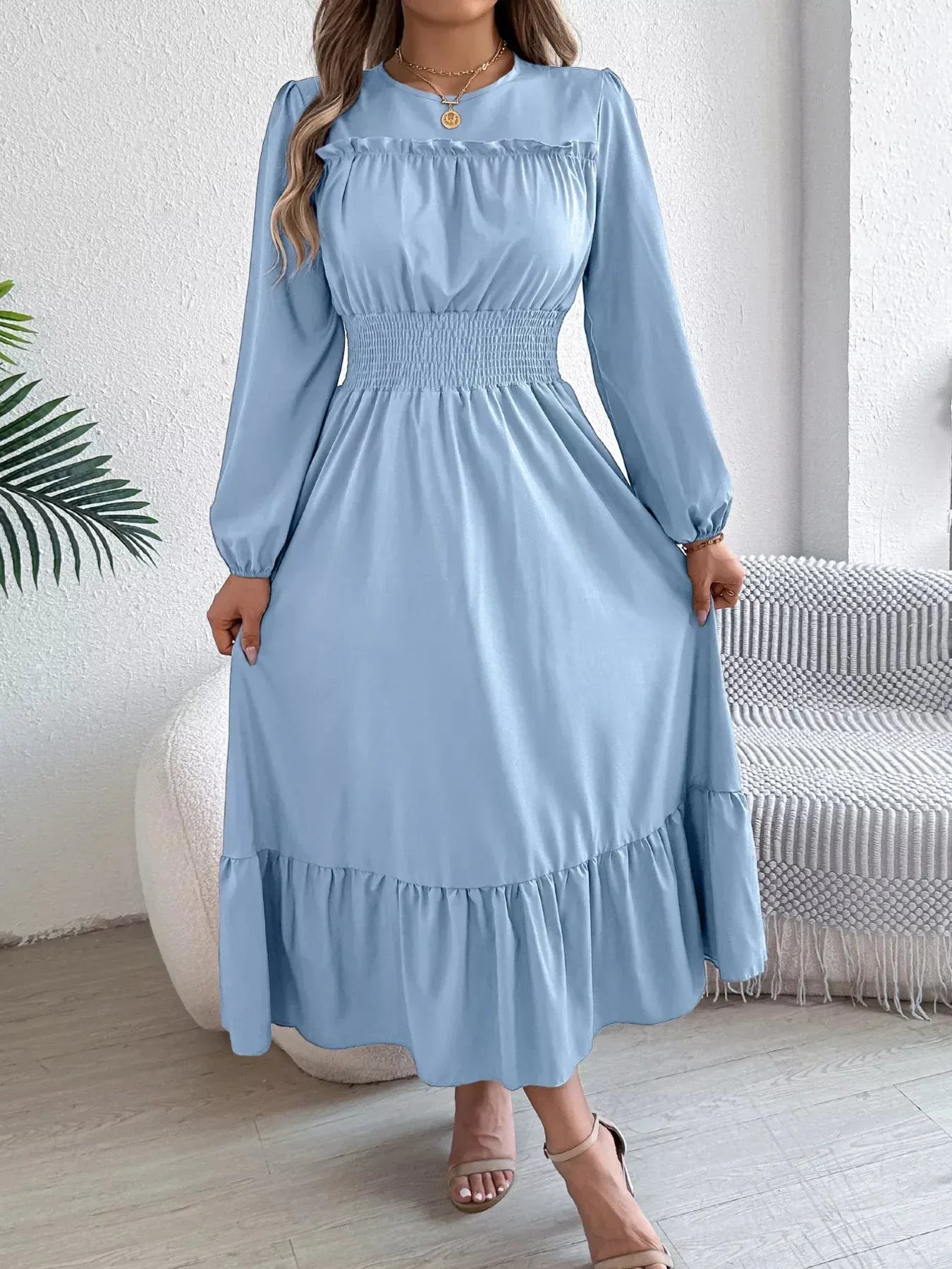 Emerald Green Ruffle Smocked Waist Maxi Dress with Round Neckline and Lantern Sleeves - View 27 | WEUXS