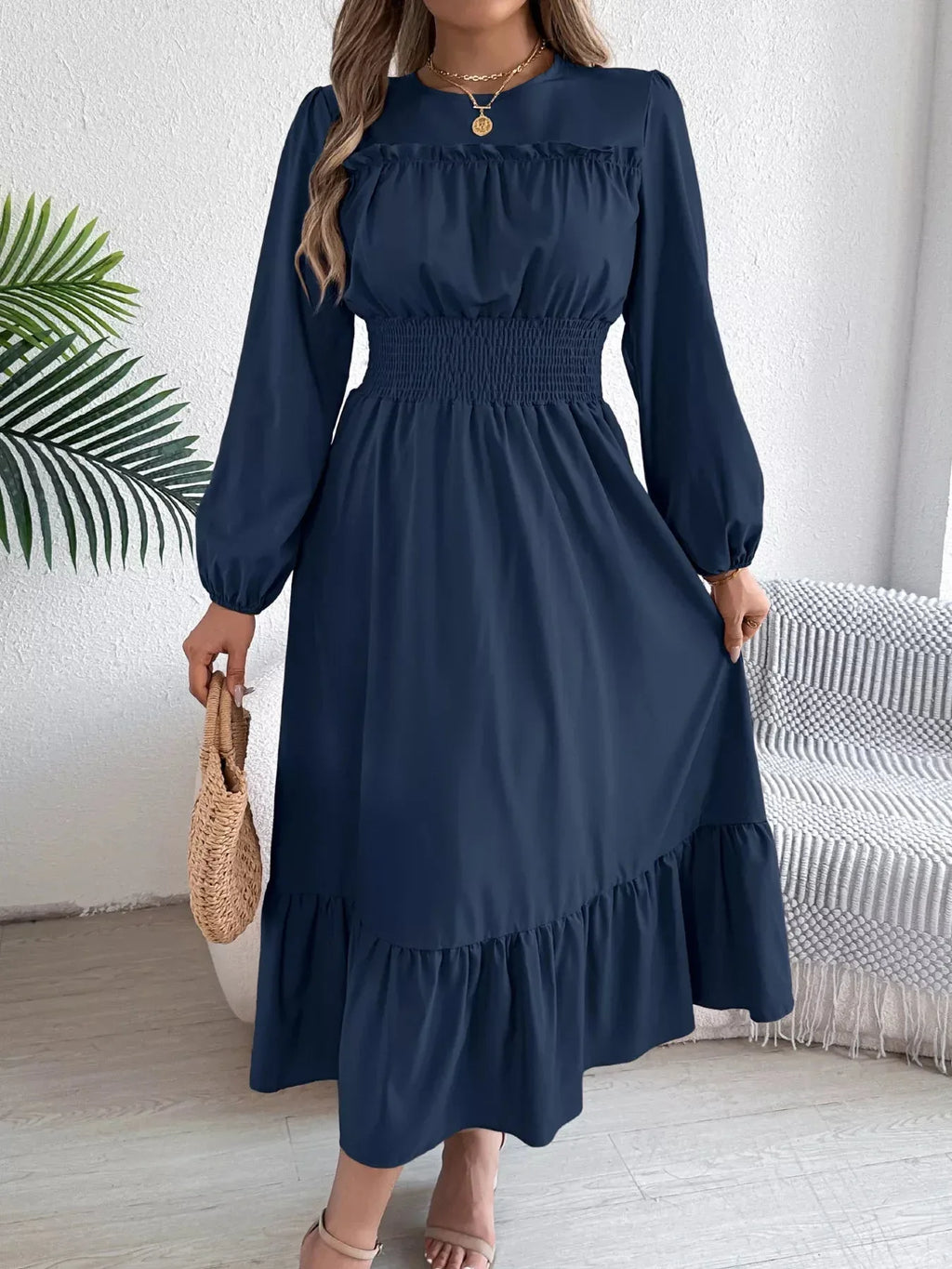 Emerald Green Ruffle Smocked Waist Maxi Dress with Round Neckline and Lantern Sleeves - View 21 | WEUXS
