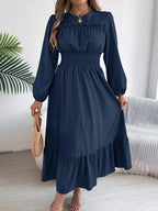 Emerald Green Ruffle Smocked Waist Maxi Dress with Round Neckline and Lantern Sleeves - View 21 | WEUXS