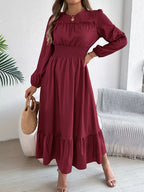 Emerald Green Ruffle Smocked Waist Maxi Dress with Round Neckline and Lantern Sleeves - View 6 | WEUXS
