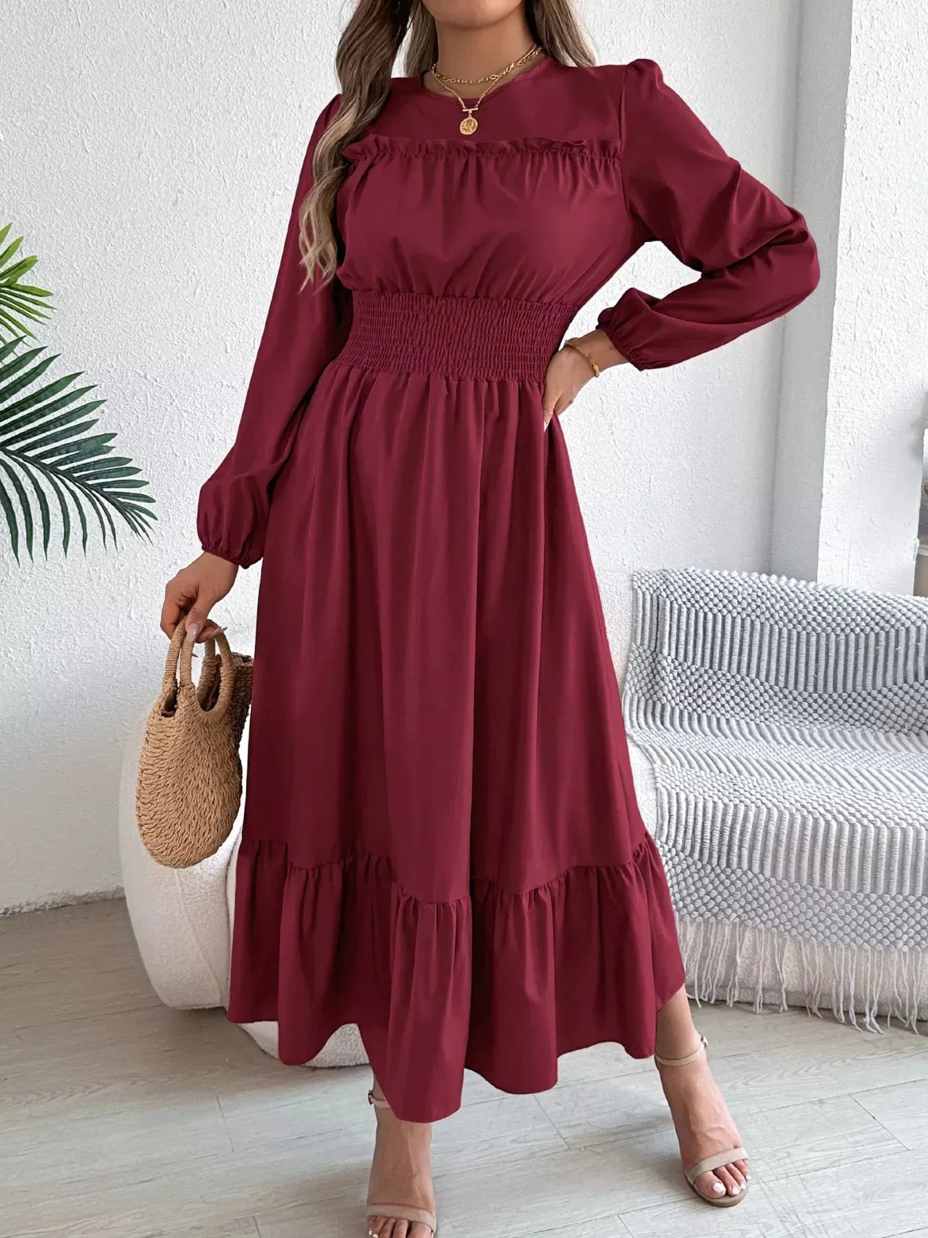 Emerald Green Ruffle Smocked Waist Maxi Dress with Round Neckline and Lantern Sleeves - View 6 | WEUXS