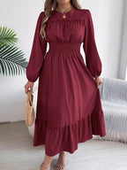 Emerald Green Ruffle Smocked Waist Maxi Dress with Round Neckline and Lantern Sleeves - View 7 | WEUXS