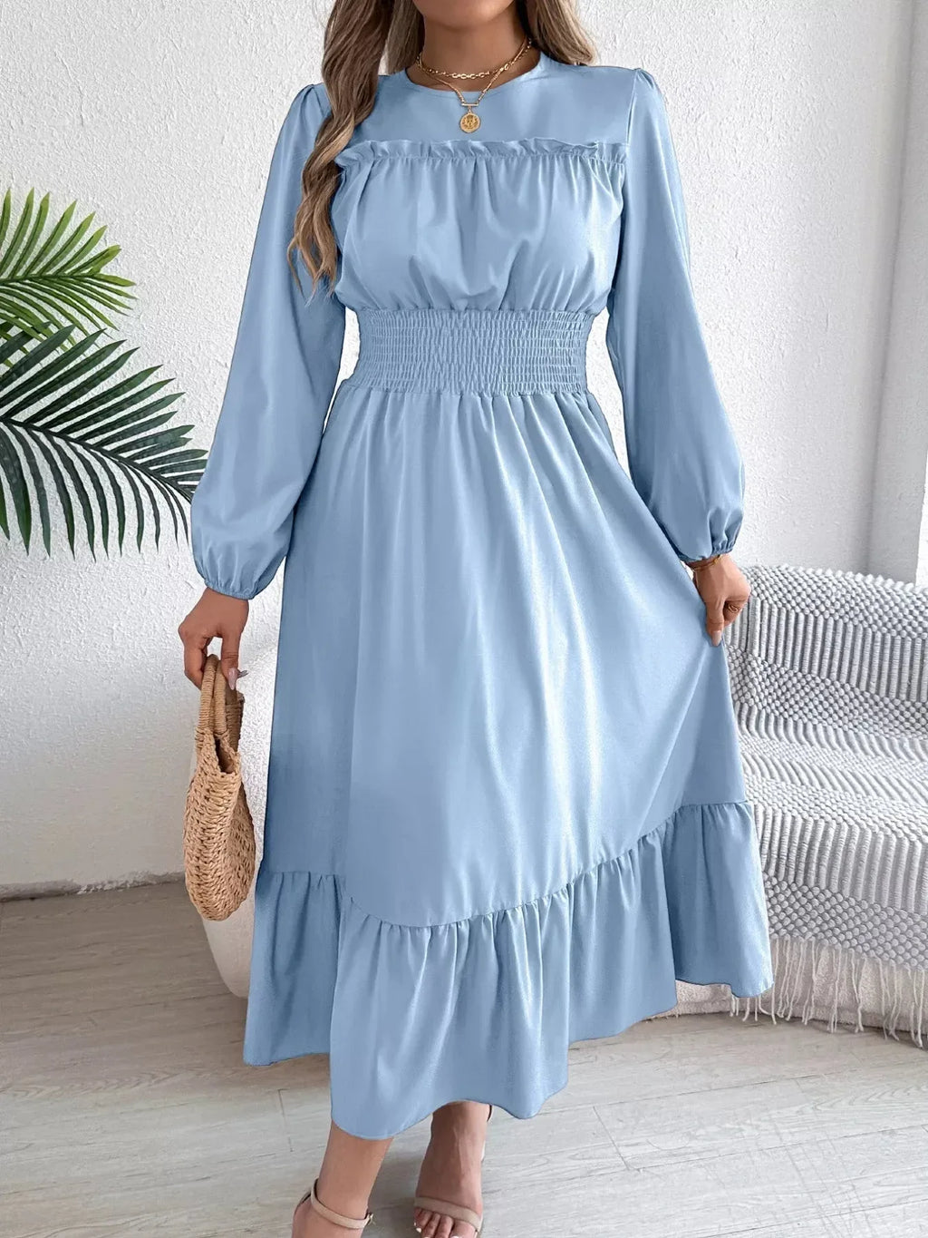 Emerald Green Ruffle Smocked Waist Maxi Dress with Round Neckline and Lantern Sleeves - View 22 | WEUXS