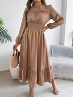 Emerald Green Ruffle Smocked Waist Maxi Dress with Round Neckline and Lantern Sleeves - View 16 | WEUXS