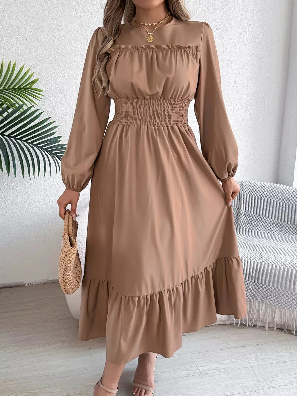 Emerald Green Ruffle Smocked Waist Maxi Dress with Round Neckline and Lantern Sleeves - View 11 | WEUXS