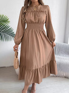 Emerald Green Ruffle Smocked Waist Maxi Dress with Round Neckline and Lantern Sleeves - View 11 | WEUXS