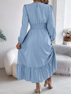 Emerald Green Ruffle Smocked Waist Maxi Dress with Round Neckline and Lantern Sleeves - View 25 | WEUXS