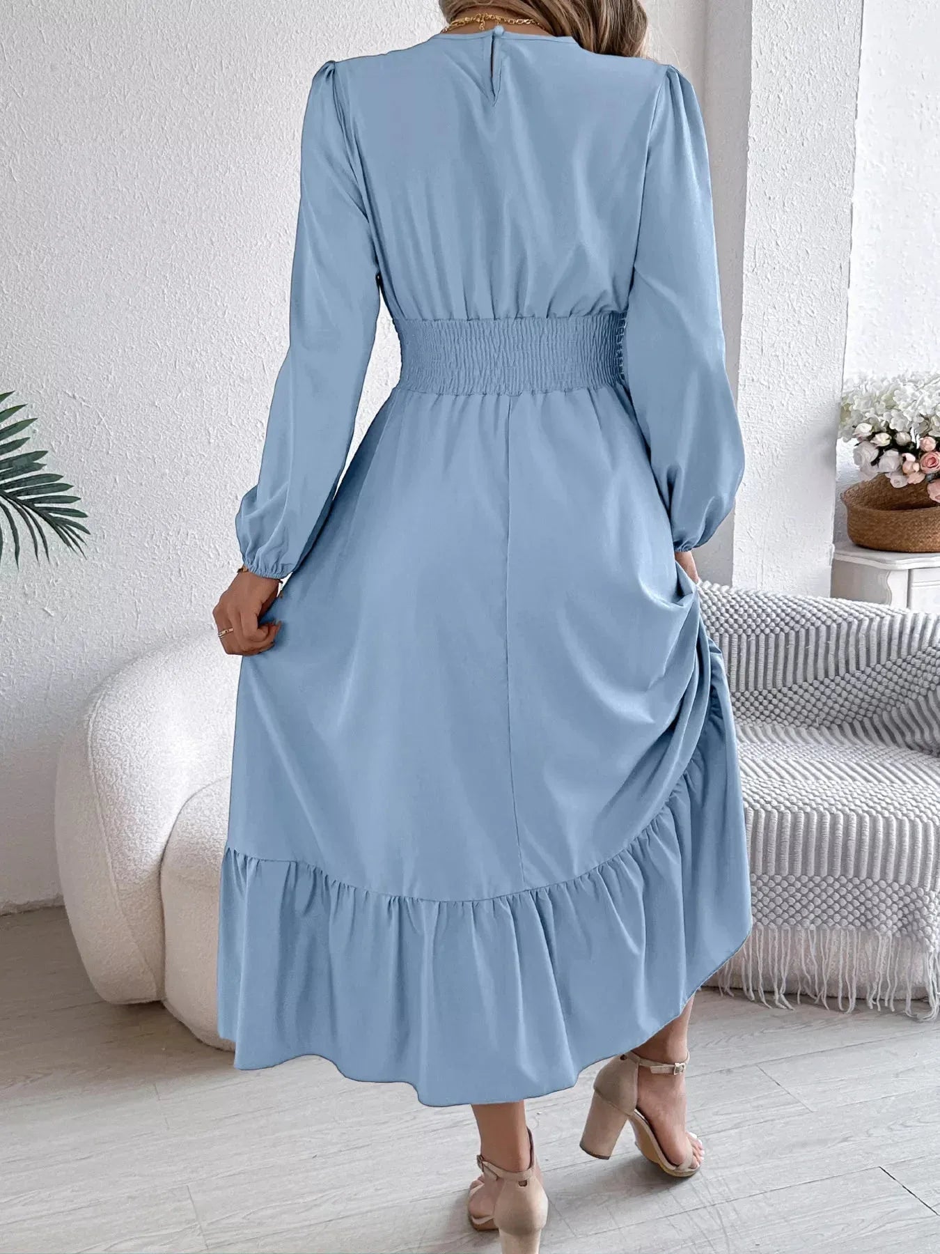 Emerald Green Ruffle Smocked Waist Maxi Dress with Round Neckline and Lantern Sleeves - View 25 | WEUXS