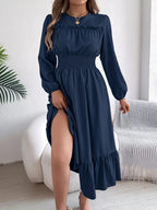 Emerald Green Ruffle Smocked Waist Maxi Dress with Round Neckline and Lantern Sleeves - View 19 | WEUXS