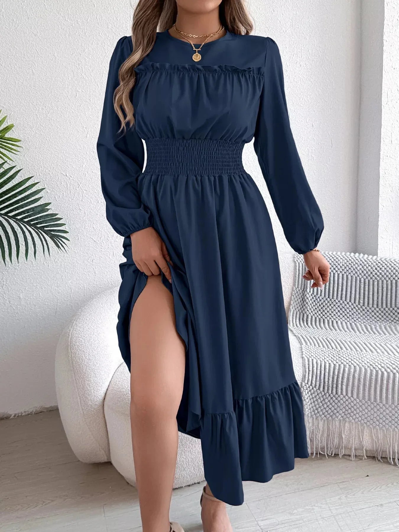 Emerald Green Ruffle Smocked Waist Maxi Dress with Round Neckline and Lantern Sleeves - View 19 | WEUXS