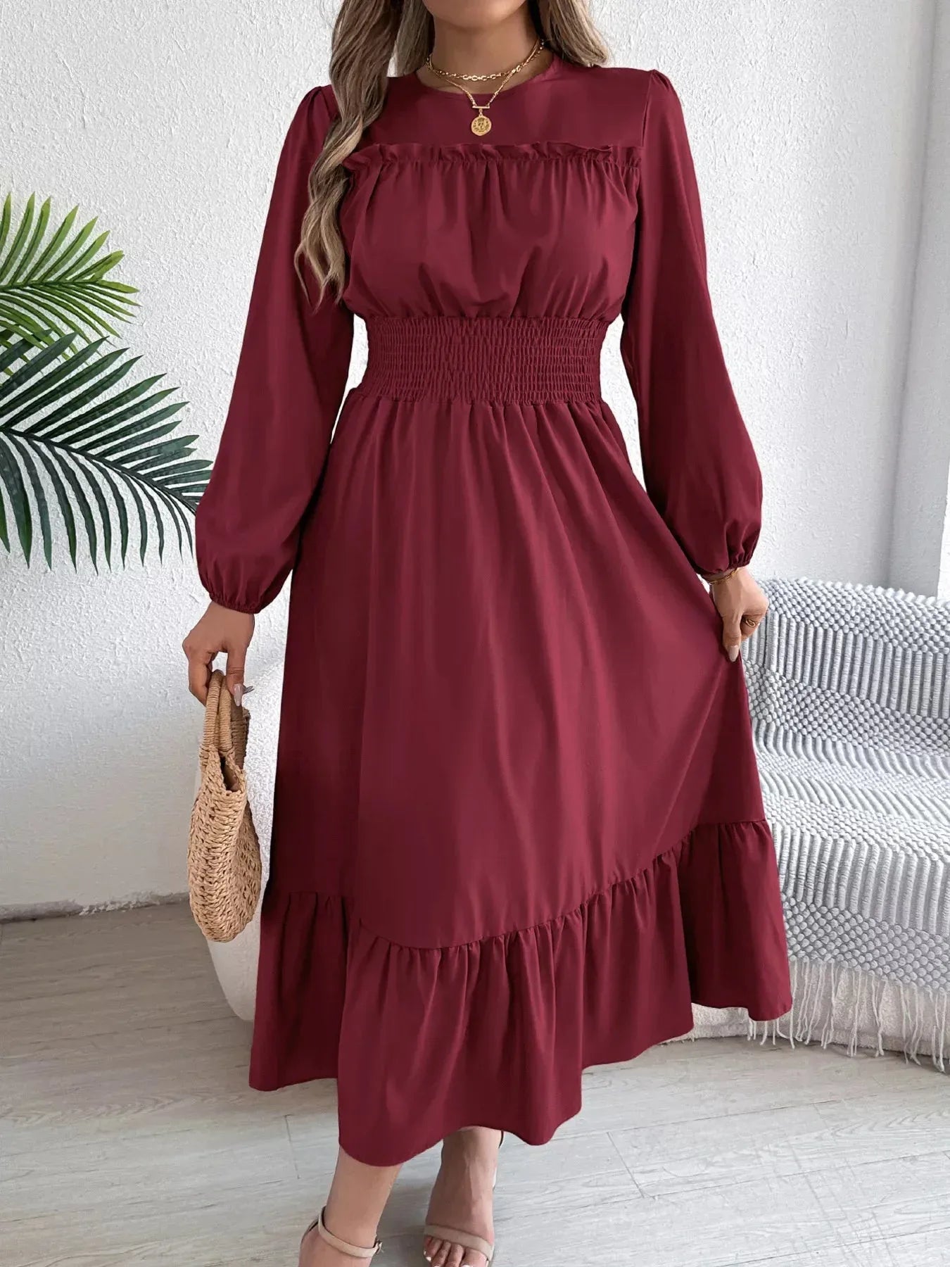Emerald Green Ruffle Smocked Waist Maxi Dress - WEUXS