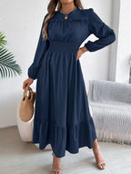 Emerald Green Ruffle Smocked Waist Maxi Dress with Round Neckline and Lantern Sleeves - View 20 | WEUXS