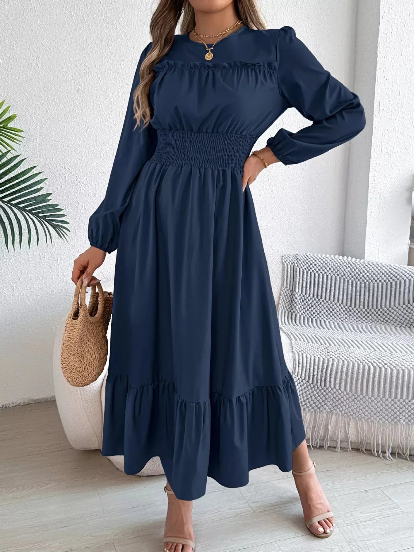 Emerald Green Ruffle Smocked Waist Maxi Dress with Round Neckline and Lantern Sleeves - View 20 | WEUXS