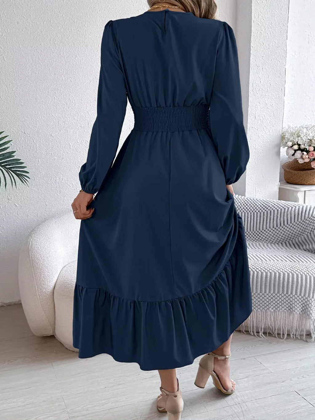 Emerald Green Ruffle Smocked Waist Maxi Dress with Round Neckline and Lantern Sleeves - View 18 | WEUXS