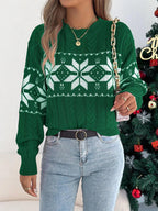 Close-up of the cable knit detail on a green sweater