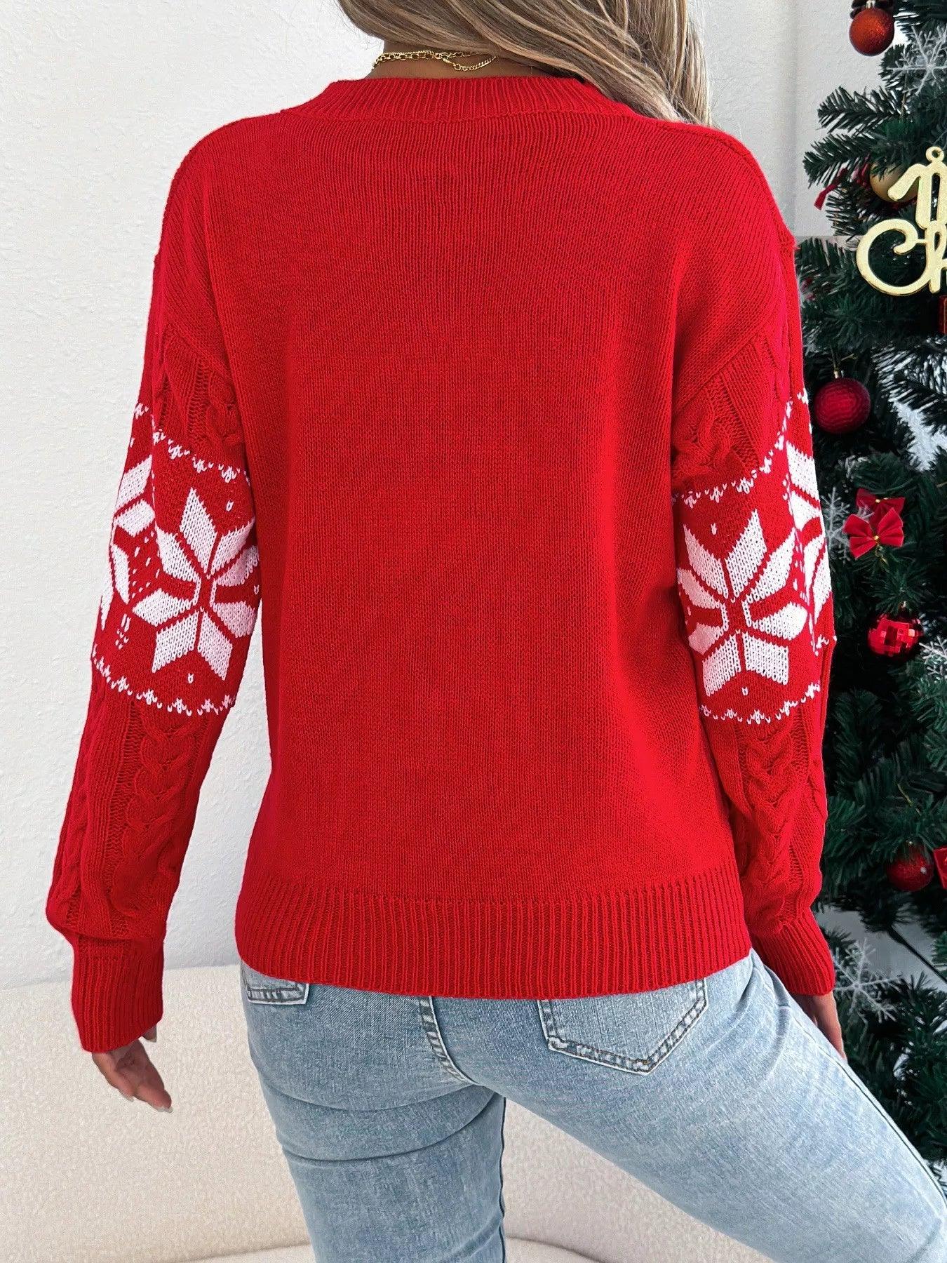 Green cable knit sweater with white snowflake pattern - View 8 | WEUXS