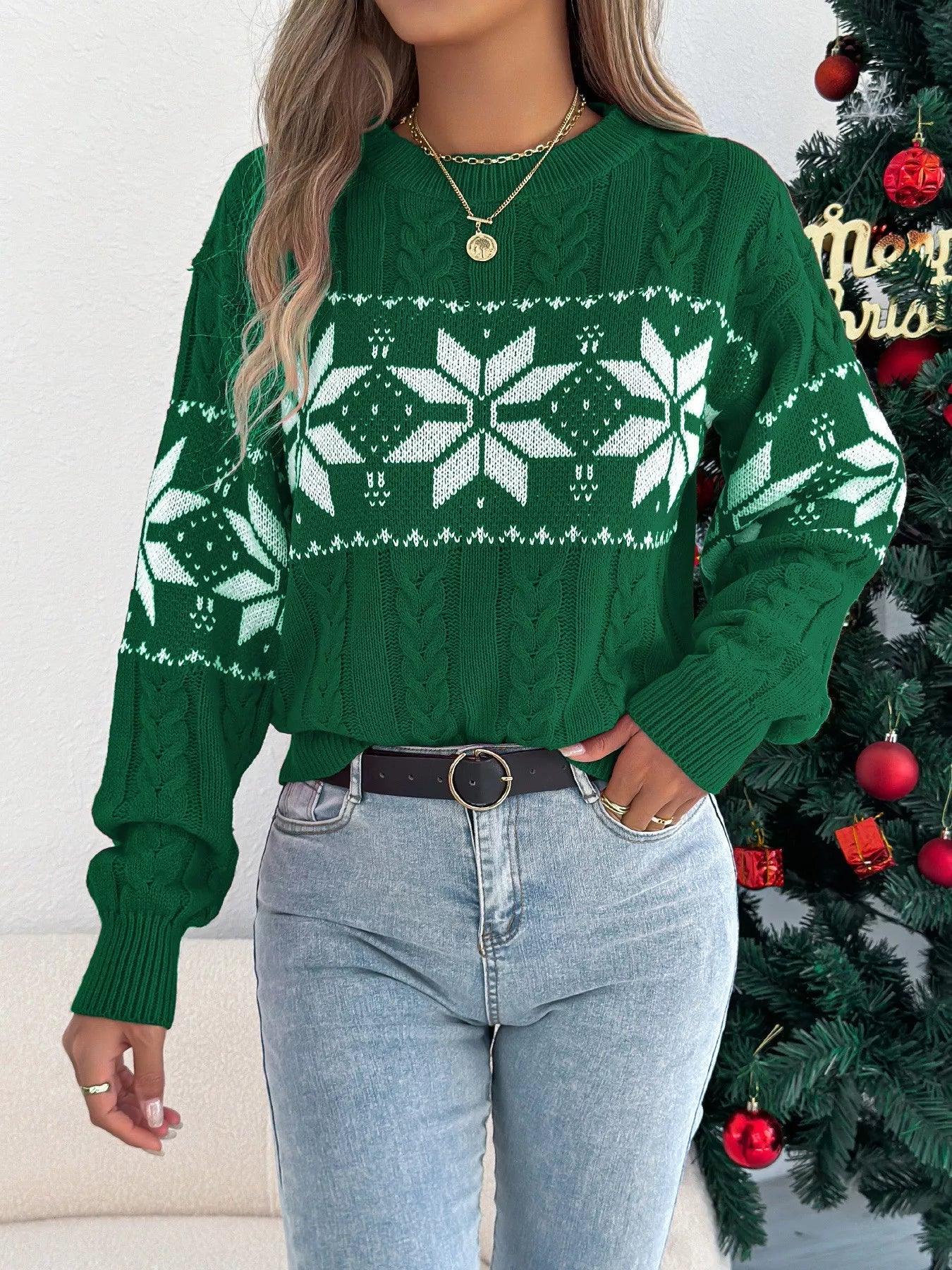 Woman in a green snowflake sweater and blue jeans