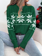 Green cable knit sweater with white snowflake pattern - View 6 | WEUXS