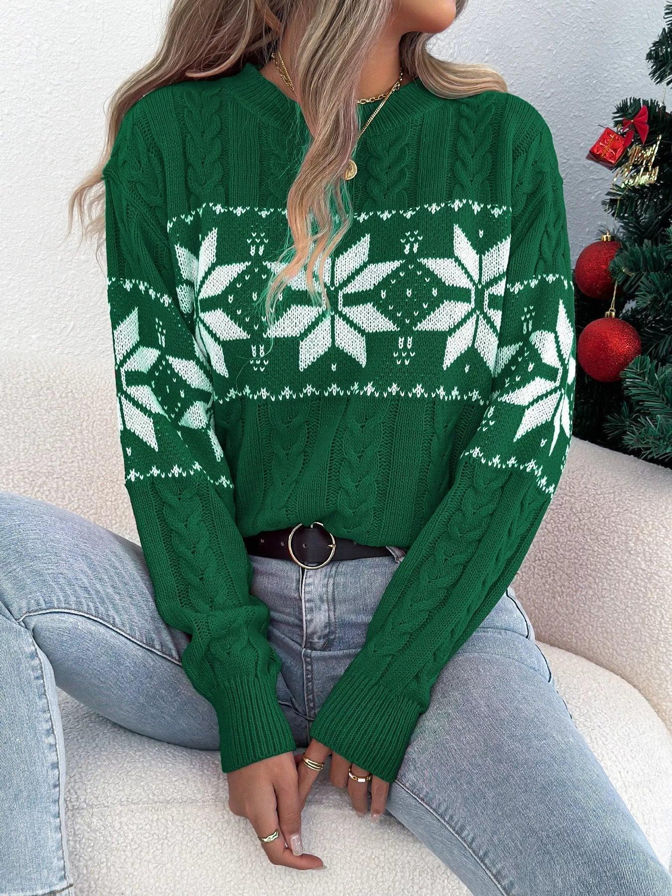 Green cable knit sweater with white snowflake pattern - View 6 | WEUXS