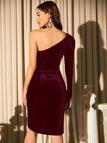 Emerald Velvet One - Shoulder Ruched Midi Dress - Asymmetric Cocktail Evening Gown - WEUXS