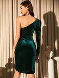 Emerald Velvet One - Shoulder Ruched Midi Dress - Asymmetric Cocktail Evening Gown - WEUXS