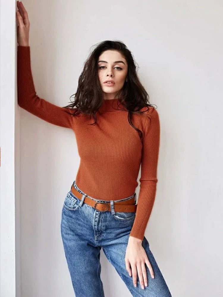 Woman wearing a white ribbed mock neck sweater - View 31 | WEUXS