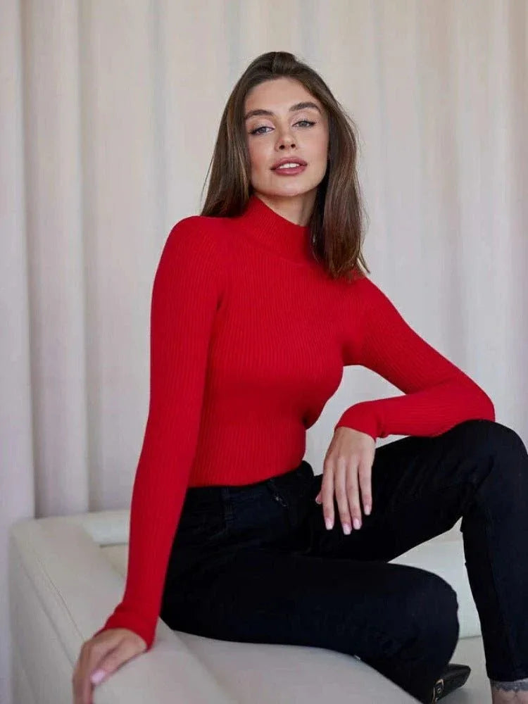 Woman wearing a white ribbed mock neck sweater - View 11 | WEUXS