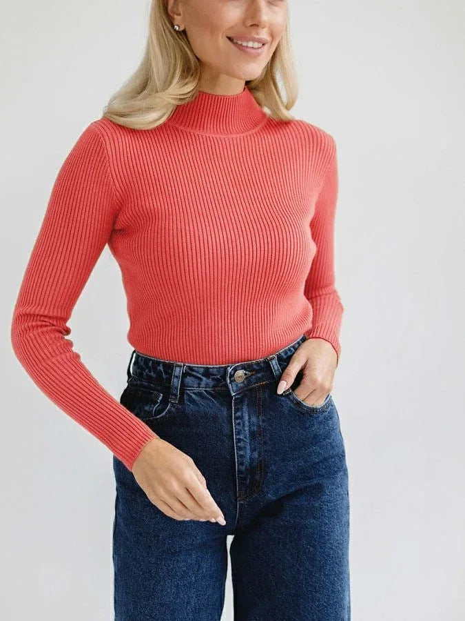 Woman wearing a white ribbed mock neck sweater - View 42 | WEUXS