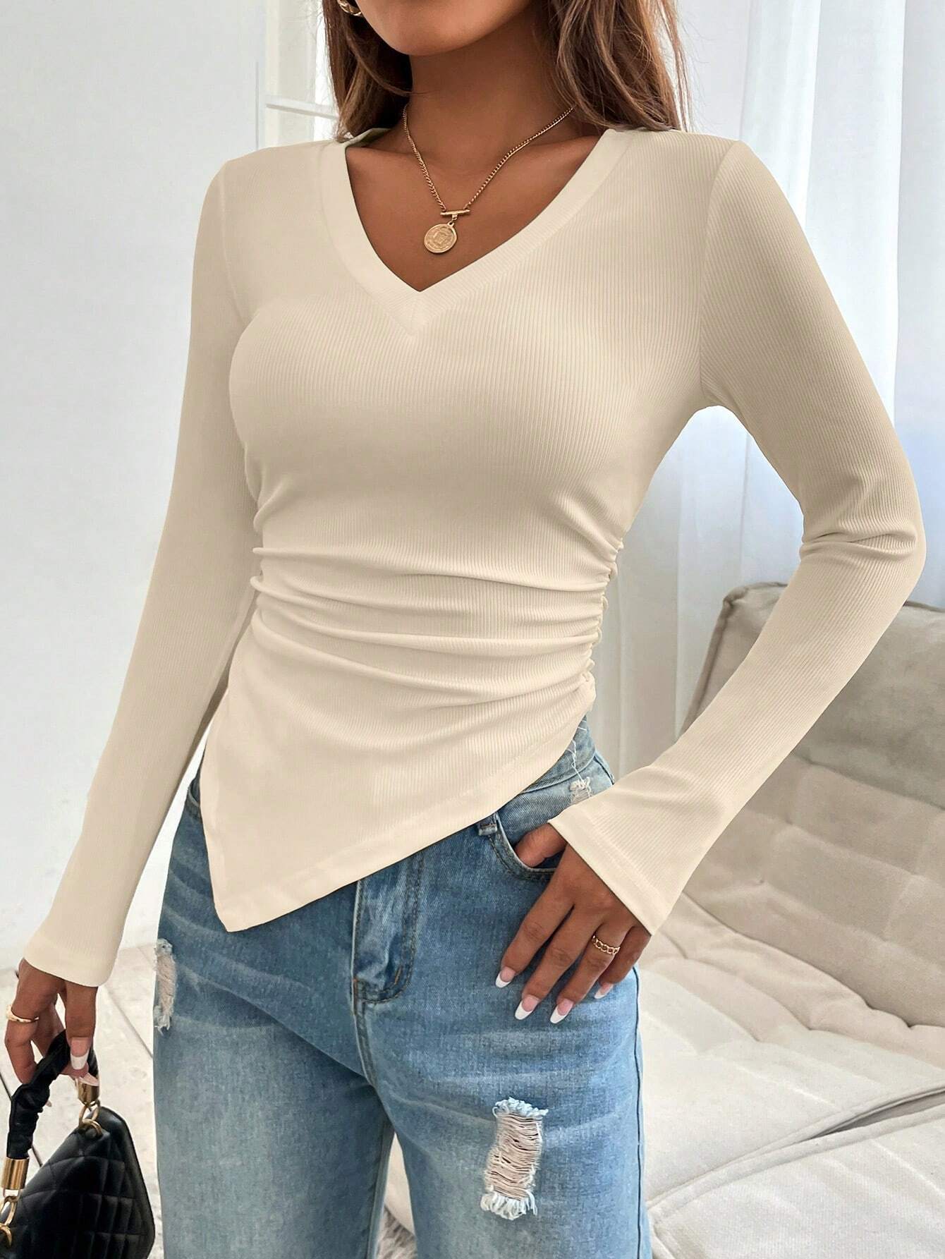 Ethereal Ruched V - Neck Ribbed Knit Top - 12 - 29